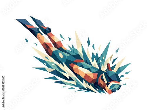 Low-poly vector illustration of a snorkeler piercing the water surface during a dive, faceted body angled downward while
