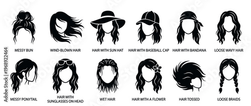 Female hairstyles and hair accessories collection featuring various popular styles like buns, ponytails, braids, and hats, presented as black silhouettes.