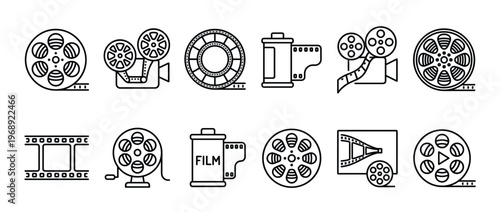 Film cinema movie reel camera icons depicting various elements of filmmaking, photography, and video production in a modern outline style.