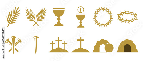 Golden Christian symbols representing the Passion of Christ and Easter, including palm branches, chalice, crown of thorns, nails, crosses, and the empty tomb.