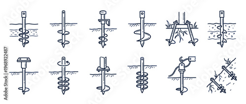 Ground screws and helical piles vector line art icons illustrating various installation methods and applications in soil.