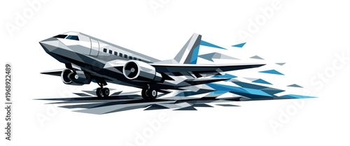 Low-poly vector illustration of an airplane accelerating along the runway just before takeoff, low side perspective emphasizing