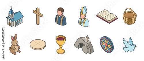 Christian and Easter religious isometric icons set featuring church, cross, priest, bishop, bible, rabbit, chalice, and dove.