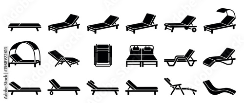 Lounge chairs, sunbeds, deck chairs, and recliners vector silhouette set for outdoor furniture design.