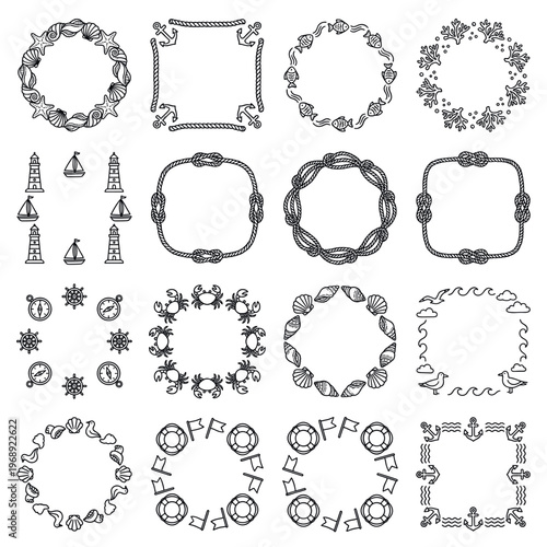 Collection of nautical frames and marine borders featuring various sea-themed elements like shells, anchors, ropes, and fish in outline style.
