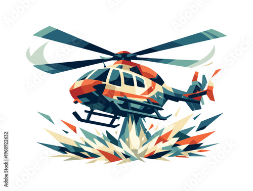 Rescue Helicopter Hover. Low-poly vector illustration of a rescue helicopter actively stabilizing in a powerful hover, angular