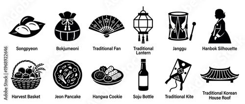Traditional Korean cultural elements and food icons representing heritage, customs, and daily life in a simple graphic style.