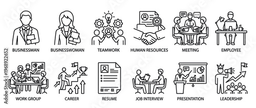 Business icons, human resources, and employment concepts are depicted in a comprehensive collection of outline illustrations for professional and corporate themes.