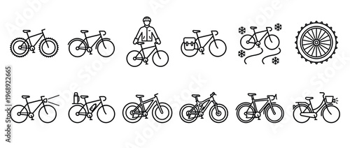 Bicycles and cycling icons set featuring various bike types, accessories, and a rider in line art style.