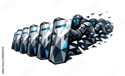 Futuristic Riot Shield Line. Low-poly vector illustration of multiple riot shields aligning into a defensive line, faceted shields