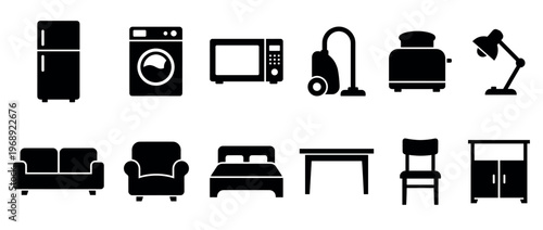Household appliances and furniture icons representing common items found in homes and living spaces.