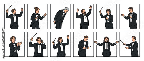 Diverse group of cartoon conductors in tuxedos demonstrating different musical direction and performance actions.