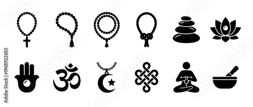 Religious and spiritual symbols representing various faiths and practices are depicted as black silhouettes.