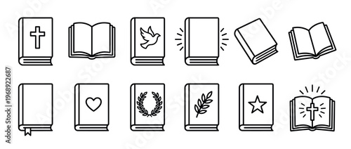 Collection of various book icons, including religious texts, open books, and symbols of knowledge and wisdom.