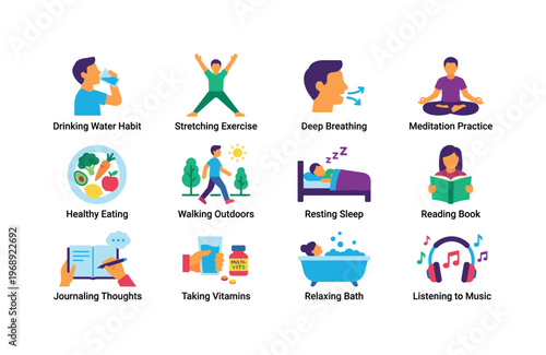 Collection of healthy lifestyle habits illustrated with icons and labels
