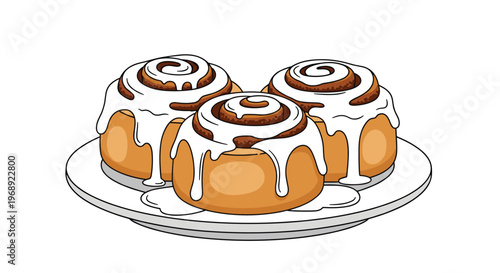 Three freshly baked cinnamon rolls covered in thick melting white sugar glaze are presented on a simple white ceramic plate with a dark outline.