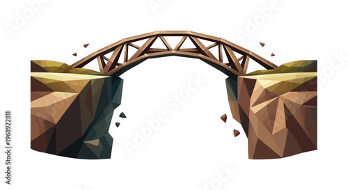 Geometric Bridge. Low-poly vector illustration of a geometric bridge spanning a wide gap as the central hero object, faceted