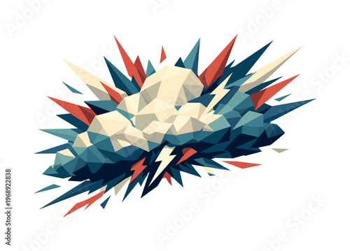 Low-poly vector illustration of a storm cloud erupting with energy, faceted cloud forms expanding outward while explosive