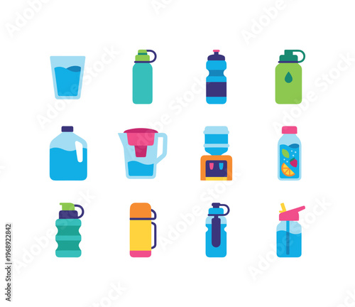 A glass of water, reusable water bottle, sports water bottle, hydration flask, water jug, water pitcher, water dispenser, infused