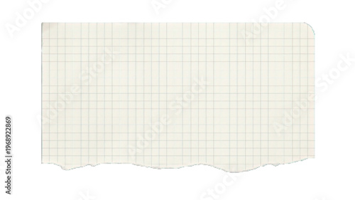 Vintage torn graph paper scrap, aged off-white grid paper piece with ripped edges, realistic notebook paper fragment for scrapbooking and collage