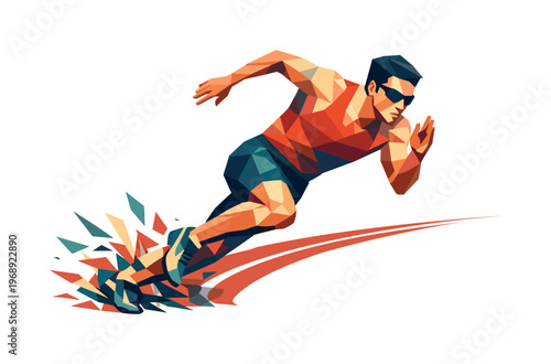 Low-poly vector illustration of a sprinter aggressively cornering on the track, faceted athlete leaning sharply while explosive