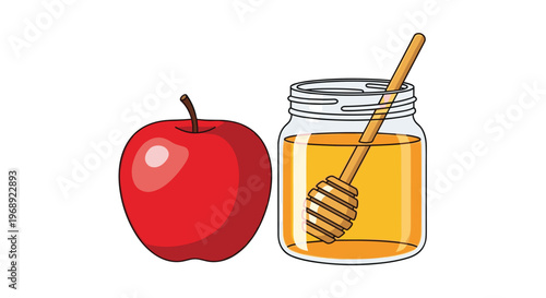 A vibrant red apple sits next to a transparent glass jar overflowing with golden liquid honey and a wooden dipper in a clean flat vector style.