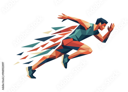 Low-poly vector illustration of a runner actively sprinting under nighttime conditions, faceted triangular limbs extended forward