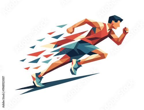 Low-poly vector illustration of a runner maintaining pace along the sunset-lit path, faceted triangular limbs extended while
