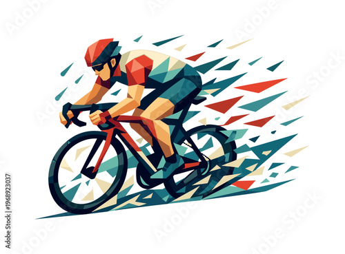 Low-poly vector illustration of a cyclist powering through rainy conditions, faceted triangular limbs extended while explosive