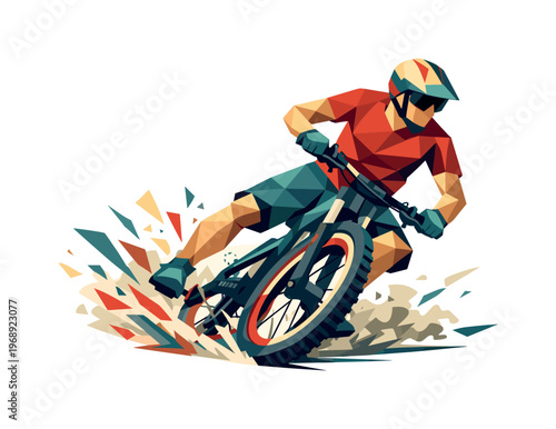 Dynamic mountain biker in action, low poly style, kicking up dust and debris