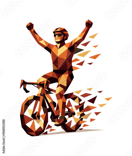 Cyclist celebrates victory with arms raised in a dynamic, low-poly artistic style