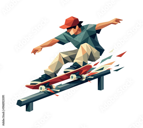 Skateboarder performing a grind trick on a rail with abstract geometric style