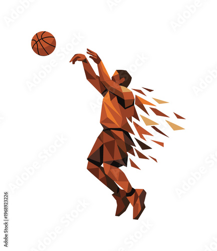 Geometric basketball player in mid-air shooting the ball with a dynamic, fragmented effect