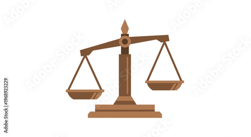 A traditional wooden balance scale stands perfectly balanced with two hanging pans and a sturdy central pillar rendered in warm earthy brown color tones.