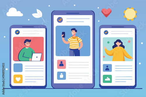 Three smartphones displaying social media profiles with cartoon people Vector, illustration