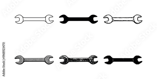 Collection of six different wrench illustrations in various styles on a white background