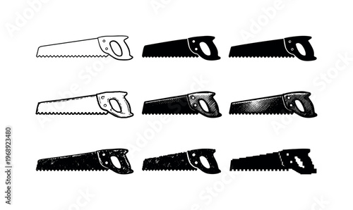 Manual wood saw tool with curved handle used in repair and building work | Create ONE image containing EXACTLY six versions of