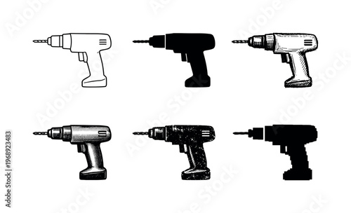Electric drill power tool with pistol grip handle and rotating bit used for drilling holes and driving screws | Create ONE image