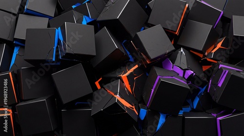 A close-up view of a jumbled pile of shiny black cubes with vibrant orange, purple, and blue neon accents in an industrial environment.
