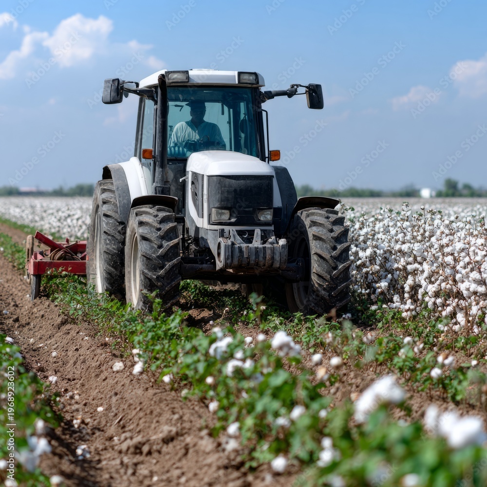 Fototapeta premium Tractor harvesting cotton on a sunny day in expansive field