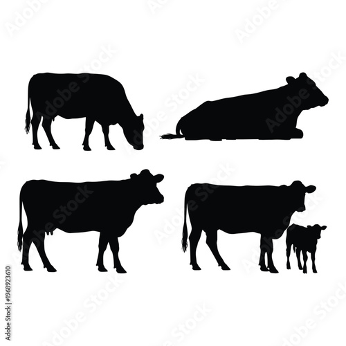Black silhouettes of cows in various poses against a white background