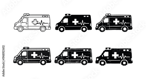 Ambulance Van Variants. Emergency ambulance van with roof light bar and medical markings, used to transport patients to the