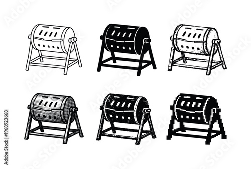 Rotating compost tumbler barrel on support frame, designed to aerate food scraps and speed up decomposition | Create ONE image