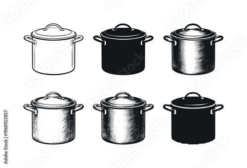Diverse Stock Pot Variants. Stock pot with tall sides, sturdy handles, and domed lid, designed for preparing large family meals |