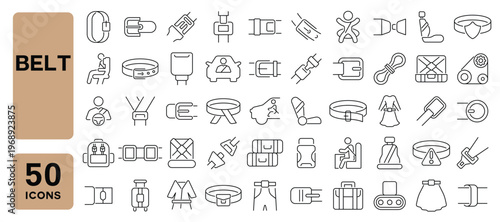Set of 50 line icons related to belt, seat belt, strap, leather belt, buckles, belts, Editable stroke. Vector illustration