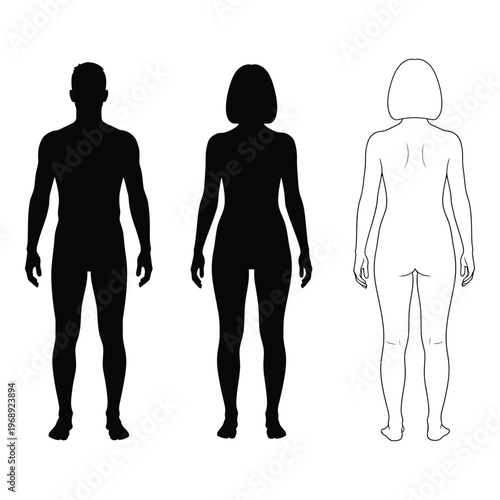 Silhouettes of three figures male female and a white outline of a female