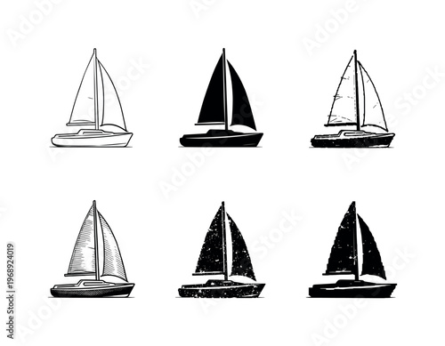 Small recreational sailboat yacht with upright mast and billowing sail above sleek hull, used for personal water sport | Create