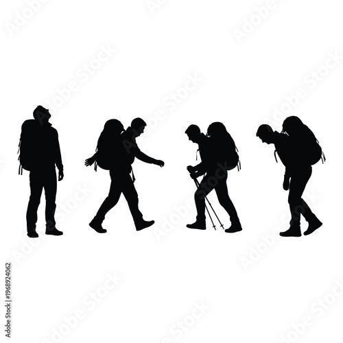 Silhouettes of hikers with backpacks and trekking poles in various poses