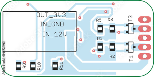 Vector printed circuit board of electronic 
device with components of radio elements, 
conductors and contact pads placed on pcb. 
Engineering technical drawing. Electric background.