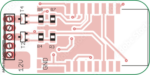Vector printed circuit board of electronic 
device with components of radio elements, 
conductors and contact pads placed on pcb. 
Engineering technical drawing. Electric background.